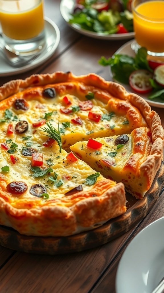 Quiche with Hash Brown Crust Recipe A slice of quiche with hash brown crust filled with eggs and vegetables, garnished with herbs on a wooden table.